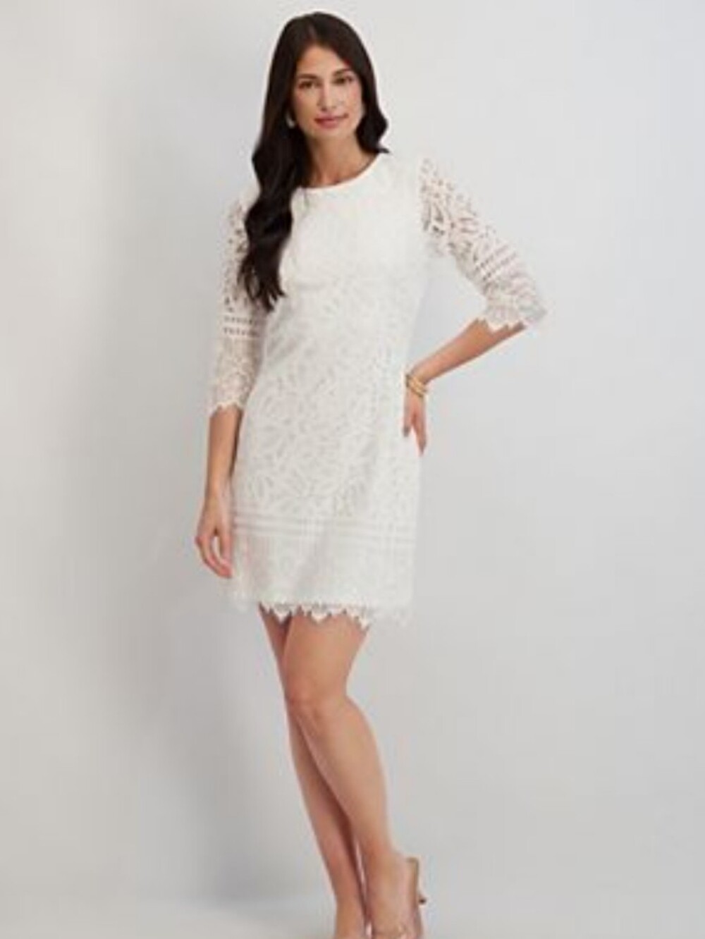 Ivory Circular Lace Long Sleeve Shift Mini Dress - Petite Small PS